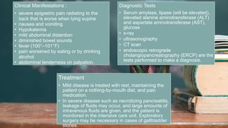 2 / 1 1 / 2 0 2 4
18
Clinical Manifestations :
• severe epigastric pain radiating to the
back that is worse when lying supine
• nausea and vomiting
• Hypokalemia
• mild abdominal distention
• diminished bowel sounds
• fever (100°–101°F)
• pain worsened by eating or by drinking
alcohol
• abdominal tenderness on palpation.
Diagnostic Tests
• Serum amylase, lipase (will be elevated),
elevated alanine aminotransferase (ALT)
and aspartate aminotransferase (AST),
glucose
• x-ray
• ultrasonography
• CT scan
• endoscopic retrograde
cholangiopancreatography (ERCP) are the
tests performed to make a diagnosis.
Treatment
• Mild disease is treated with rest, maintaining the
patient on a nothing-by-mouth diet, and pain
medication.
• In severe disease such as necrotizing pancreatitis,
leakage of fluids may occur, and large amounts of
intravenous fluids are given, and the patient is
monitored in the intensive care unit. Exploratory
surgery may be necessary in cases of gallbladder
stones.
 