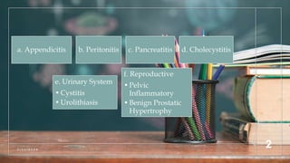 2 / 1 1 / 2 0 2 4
2
a. Appendicitis b. Peritonitis c. Pancreatitis d. Cholecystitis
e. Urinary System
•Cystitis
•Urolithiasis
f. Reproductive
•Pelvic
Inflammatory
•Benign Prostatic
Hypertrophy
 