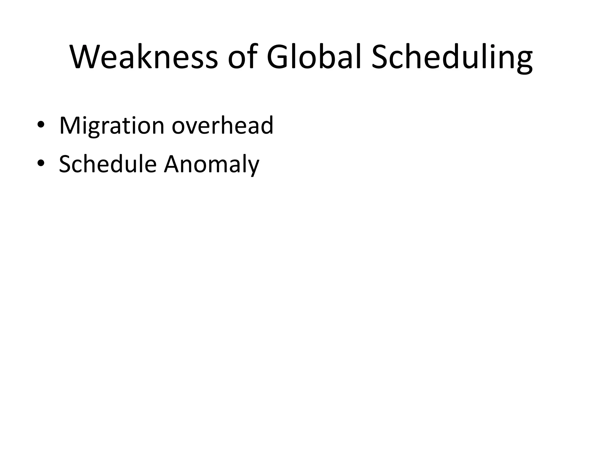 Weakness of Global Scheduling
• Migration overhead
• Schedule Anomaly
 
