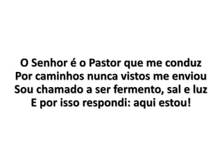 O Senhor é o Pastor que me conduz
Por caminhos nunca vistos me enviou
Sou chamado a ser fermento, sal e luz
E por isso respondi: aqui estou!
 