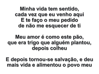 Minha vida tem sentido,
cada vez que eu venho aqui
E te faço o meu pedido
de não me esquecer de ti
Meu amor é como este pão,
que era trigo que alguém plantou,
depois colheu
E depois tornou-se salvação, e deu
mais vida e alimentou o povo meu
 