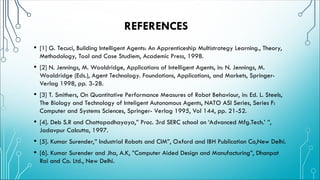 REFERENCES
• [1] G. Tecuci, Building Intelligent Agents: An Apprenticeship Multistrategy Learning., Theory,
Methodology, Tool and Case Studiem, Academic Press, 1998.
• [2] N. Jennings, M. Wooldridge, Applications of Intelligent Agents, in: N. Jennings, M.
Wooldridge (Eds.), Agent Technology. Foundations, Applications, and Markets, Springer-
Verlag 1998, pp. 3-28.
• [3] T. Smithers, On Quantitative Performance Measures of Robot Behaviour, in: Ed. L. Steels,
The Biology and Technology of Inteligent Autonomous Agents, NATO ASI Series, Series F:
Computer and Systems Sciences, Springer- Verlag 1995, Vol 144, pp. 21-52.
• [4]. Deb S.R and Chattopadhayaya,” Proc. 3rd SERC school on ‘Advanced Mfg.Tech.’ ”,
Jadavpur Calcutta, 1997.
• [5]. Kumar Surender,” Industrial Robots and CIM”, Oxford and IBH Publication Co,New Delhi.
• [6]. Kumar Surender and Jha, A.K, ”Computer Aided Design and Manufacturing”, Dhanpat
Rai and Co. Ltd., New Delhi.
 
