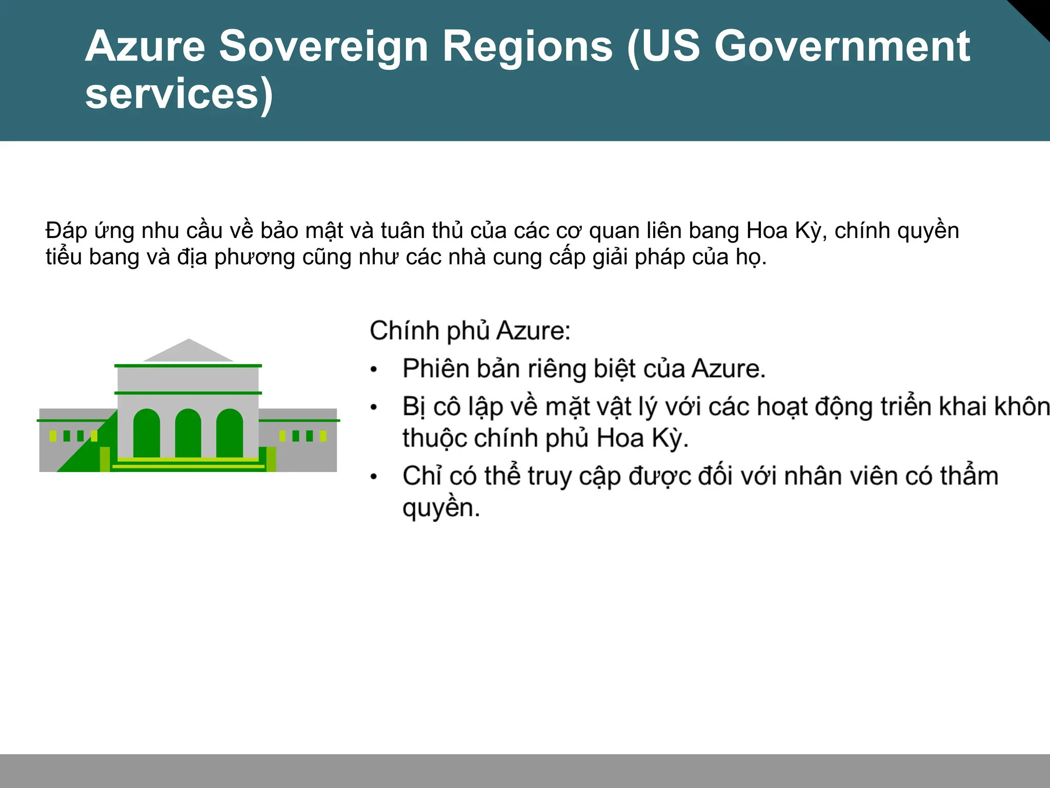 Azure Sovereign Regions (US Government
services)
Đáp ứng nhu cầu về bảo mật và tuân thủ của các cơ quan liên bang Hoa Kỳ, chính quyền
tiểu bang và địa phương cũng như các nhà cung cấp giải pháp của họ.
 