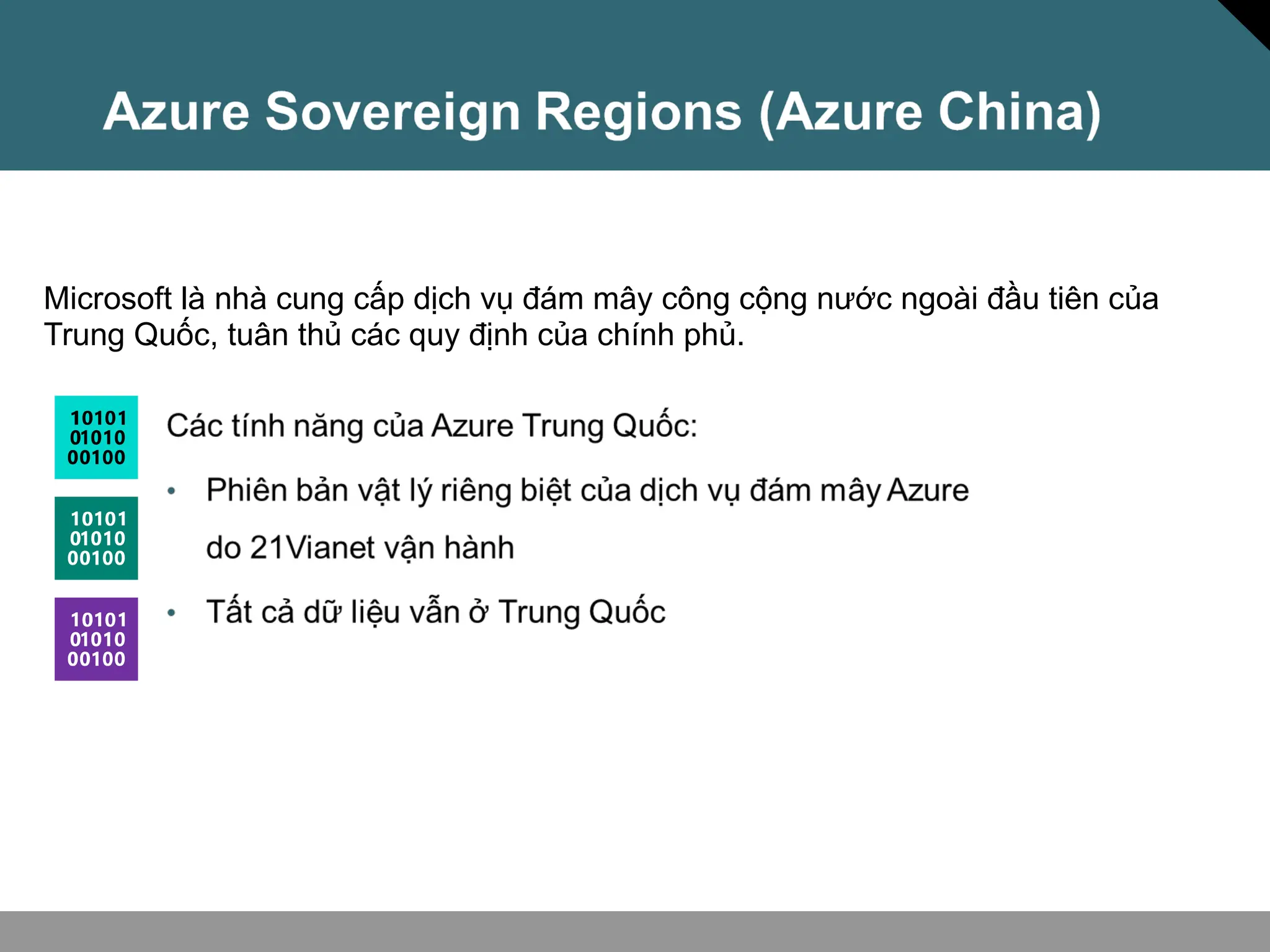 Microsoft là nhà cung cấp dịch vụ đám mây công cộng nước ngoài đầu tiên của
Trung Quốc, tuân thủ các quy định của chính phủ.
 