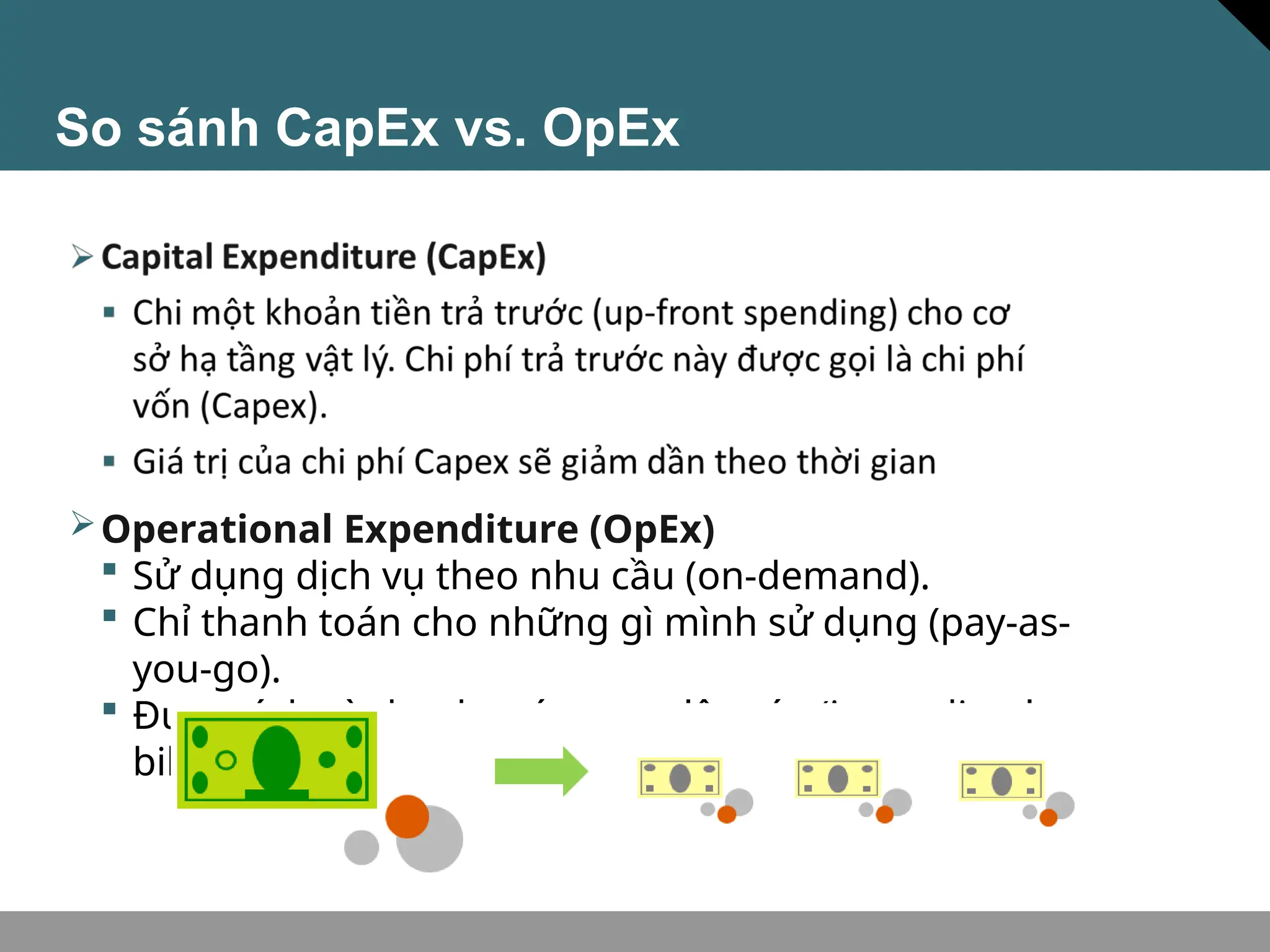 So sánh CapEx vs. OpEx
Operational Expenditure (OpEx)
 Sử dụng dịch vụ theo nhu cầu (on-demand).
 Chỉ thanh toán cho những gì mình sử dụng (pay-as-
you-go).
 Được tính và thanh toán ngay lập tức (immediately
billed).
 