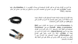 ‫وهذه‬
‫الكوابل‬
‫لها‬
‫نهايـات‬
‫طرفيـة‬
‫خاصـة‬
‫لتوصيلها‬
‫بكارت‬
‫الـشبكة‬
‫وايـضا‬
‫كـارت‬
‫الشبكة‬
‫البد‬
‫ان‬
‫يكون‬
‫مجهز‬
‫لتوصـيل‬
‫هـذا‬
‫النوع‬
‫من‬
‫الكوابل‬
‫و‬
‫التي‬
‫ترتفع‬
‫تكلفتها‬
‫عـن‬
‫الكوابل‬
‫األخرى‬
‫المستخدمة‬
.
‫والـ‬
Connectors
‫المستخدمة‬
‫في‬
‫توصـيل‬
‫هذه‬
‫الكوابل‬
‫تسمى‬
BNC
connectors
‫وهي‬
Male
‫و‬
Female
‫و‬
‫هي‬
‫نفس‬
Connectors
‫المستخدمة‬
‫في‬
‫أطباق‬
‫الدش‬
‫والريسيفر‬
.
‫إال‬
‫ان‬
‫هذه‬
‫األنـواع‬
‫مـن‬
‫الكواب‬
‫ل‬
‫يحدث‬
‫بها‬
‫ما‬
‫يسمى‬
Signal Bounce
‫او‬
‫ارتداد‬
‫اإلشارة‬
‫مرة‬
‫اخرى‬
‫من‬
‫نهايـة‬
‫الــ‬
Cable
‫إلى‬
‫داخله‬
‫مرة‬
‫اخـرى‬
‫ولهـذا‬
‫فهـي‬
‫تحتــاج‬
‫إلــى‬
Terminators
‫فــي‬
‫النهايــة‬
‫إلمتصاص‬
‫هذه‬
‫اإلشارات‬
‫حتى‬
‫ال‬
‫تنعكس‬
‫مرة‬
‫اخرى‬
‫في‬
‫الكابل‬
‫وتؤدي‬
‫إلى‬
‫مشاكل‬
‫كبيرة‬
‫في‬
‫الشبك‬
‫ة‬
‫وفقد‬
‫للمعلومات‬
‫والتوصيل‬
.
‫هذا‬
‫النوع‬
‫من‬
‫الكوابل‬
‫يشبه‬
‫إلى‬
‫حد‬
‫كبير‬
‫الكوابل‬
‫المستخدمة‬
‫في‬
‫وصالت‬
‫التليفزيـون‬
‫او‬
‫الــ‬
Satellites
‫ويطلق‬
‫عليها‬
‫اختصارا‬
Coax
‫وهي‬
‫تعتمد‬
‫على‬
‫جزء‬
‫نحاسي‬
‫في‬
‫المنتصف‬
‫داخـل‬
‫جزء‬
‫بالستيكي‬
‫ومن‬
‫فوقه‬
‫جزء‬
‫معدني‬
‫آخر‬
‫مك‬
‫سو‬
‫بالبالستيك‬
‫او‬
PVC
26
 