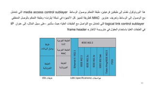 ‫هذا‬
‫البروتوكول‬
‫م‬َّ‫س‬‫ق‬ُ‫م‬
‫إلى‬
‫طبقتين‬
،‫فرعيتين‬
‫طبقة‬
‫التحكم‬
‫بوصول‬
‫الوسائط‬
media access control sublayer
‫التي‬
‫تتعامل‬
‫مع‬
‫الوصول‬
‫إلى‬
‫الوسائط‬
‫وتعريف‬
‫عناوين‬
MAC
‫كطريقة‬
‫لتمييز‬
‫كل‬
‫األجهزة‬
‫في‬
‫شبكة‬
‫إيثرنت؛‬
‫وطبقة‬
‫التحكم‬
‫بالوصل‬
‫المن‬
‫طقي‬
logical link control sublayer
‫التي‬
‫تتعامل‬
‫مع‬
‫التواصل‬
‫مع‬
‫الطبقات‬
‫العليا؛‬
‫حيث‬
‫شير‬ُ‫ت‬‫س‬
-
‫على‬
‫سبيل‬
‫المثال‬
-
‫إل‬
‫ى‬
‫عنوان‬
IP
‫في‬
‫الطبقات‬
‫العليا‬
‫باستخدام‬
‫الحقول‬
‫في‬
«
‫ترويسة‬
‫اإلطار‬
»
frame header
88
 