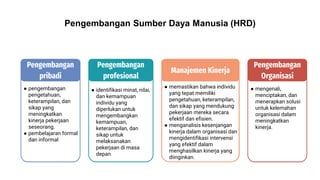 Human Resource Infographics
Pengembangan
pribadi
● pengembangan
pengetahuan,
keterampilan, dan
sikap yang
meningkatkan
kinerja pekerjaan
seseorang.
● pembelajaran formal
dan informal
Pengembangan
profesional
Manajemen Kinerja
Pengembangan
Organisasi
● identifikasi minat, nilai,
dan kemampuan
individu yang
diperlukan untuk
mengembangkan
kemampuan,
keterampilan, dan
sikap untuk
melaksanakan
pekerjaan di masa
depan
● memastikan bahwa individu
yang tepat memiliki
pengetahuan, keterampilan,
dan sikap yang mendukung
pekerjaan mereka secara
efektif dan efisien.
● menganalisis kesenjangan
kinerja dalam organisasi dan
mengidentifikasi intervensi
yang efektif dalam
menghasilkan kinerja yang
diinginkan.
● mengenali,
menciptakan, dan
menerapkan solusi
untuk kelemahan
organisasi dalam
meningkatkan
kinerja.
Pengembangan Sumber Daya Manusia (HRD)
 