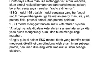 Contohnya ketika manusia melanggar inti atom keadilan,
akan timbul reakasi kemarahan dan reaksi massa secara
berantai, yang saya namakan “radio aktif emosi”.
•ESQ model 165 adalah model senyawa yang berfungsi
untuk menyeimbangkan tiga kekuatan energi manusia, yaitu
potensi fisik, potensi emosi, dan potensi spiritual.
•ESQ model menggambarkan suatu keteraturan system.
•Analoginya ada didalam keteraturan system tata surya kita,
yaitu bulan mengelilingi bumi, dan bumi mengelilingi
matahari.
•Begitu pula di dalam ESQ model, fitrah yang bersifat netral
(neutron), dikelilingi dan dilindungi oleh enam iman sebagai
proton, dan iman dikelilingi oleh lima rukun islam sebagai
elektron.
 