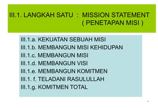 *
III.1. LANGKAH SATU : MISSION STATEMENT
( PENETAPAN MISI )
III.1.a. KEKUATAN SEBUAH MISI
III.1.b. MEMBANGUN MISI KEHIDUPAN
III.1.c. MEMBANGUN MISI
III.1.d. MEMBANGUN VISI
III.1.e. MEMBANGUN KOMITMEN
III.1. f. TELADANI RASULULLAH
III.1.g. KOMITMEN TOTAL
 
