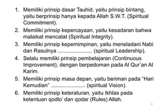 *
1. Memiliki prinsip dasar Tauhid, yaitu prinsip bintang,
yaitu berprinsip hanya kepada Allah S.W.T. (Spiritual
Commitment).
2. Memiliki prinsip kepercayaan, yaitu kesadaran bahwa
malaikat mencatat (Spiritual Integrity).
3. Memiliki prinsip kepemimpinan, yaitu meneladani Nabi
dan Rasulnya ....................... (spiritual Leadership).
4. Selalu memiliki prinsip pembelajaran (Continuous
Improvement), dengan berpedoman pada Al Qur’an Al
Karim.
5. Memiliki prinsip masa depan, yaitu beriman pada “Hari
Kemudian” ....................... (spiritual Vision).
6. Memiliki prinsip keteraturan, yaitu Ikhlas pada
ketentuan qodlo’ dan qodar (Rules) Allah.
 