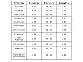Antibiótico Resistente Intermedia Susceptible
Ampicilina ≤ 13 14 - 16 ≥ 17
Amikacina ≤ 14 15 – 16 ≥ 17
Sulfisoxasol ≤ 12 13 - 16 ≥ 17
Gentamicina ≤ 12 13 – 14 ≥ 15
Cloranfenicol ≤ 12 13 - 17 ≥ 18
Ceftriaxona ≤ 12 14 – 20 ≥ 21
Ciprofloxacina ≤ 15 16 - 20 ≥ 21
Tetraciclina ≤ 14 15 - 18 ≥ 19
Acido
Nalidixico
≤ 13 14 – 18 ≥ 19
Estrptomicina ≤ 11 12 – 14 ≥ 15
anamicina ≤ 13 14 - 17 ≥ 18
Trimetroprim/
Sulfametoxasol
≤ 10 11 – 15 ≥ 16
 