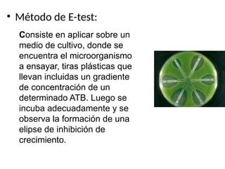 • Método de E-test:
Consiste en aplicar sobre un
medio de cultivo, donde se
encuentra el microorganismo
a ensayar, tiras plásticas que
llevan incluidas un gradiente
de concentración de un
determinado ATB. Luego se
incuba adecuadamente y se
observa la formación de una
elipse de inhibición de
crecimiento.
 