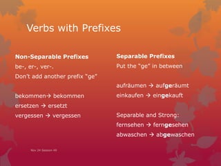 Verbs with Prefixes
Non-Separable Prefixes
be-, er-, ver-.
Don’t add another prefix “ge”
bekommen bekommen
ersetzen  ersetzt
vergessen  vergessen
Nov 24 Session 49
Separable Prefixes
Put the “ge” in between
aufräumen  aufgeräumt
einkaufen  eingekauft
Separable and Strong:
fernsehen  ferngesehen
abwaschen  abgewaschen
 
