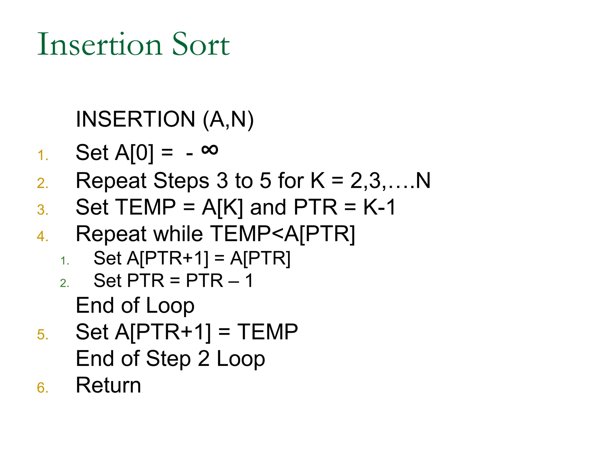 Insertion Sort
INSERTION (A,N)
1. Set A[0] = - ∞
2. Repeat Steps 3 to 5 for K = 2,3,….N
3. Set TEMP = A[K] and PTR = K-1
4. Repeat while TEMP<A[PTR]
1. Set A[PTR+1] = A[PTR]
2. Set PTR = PTR – 1
End of Loop
5. Set A[PTR+1] = TEMP
End of Step 2 Loop
6. Return
 