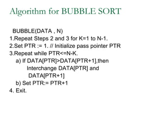 Algorithm for BUBBLE SORT
BUBBLE(DATA , N)
1.Repeat Steps 2 and 3 for K=1 to N-1.
2.Set PTR := 1. // Initialize pass pointer PTR
3.Repeat while PTR<=N-K.
a) If DATA[PTR]>DATA[PTR+1],then
Interchange DATA[PTR] and
DATA[PTR+1]
b) Set PTR:= PTR+1
4. Exit.
 
