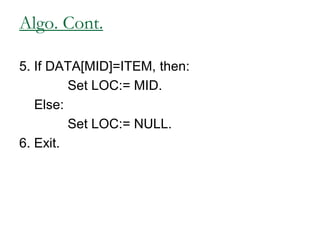 Algo. Cont.
5. If DATA[MID]=ITEM, then:
Set LOC:= MID.
Else:
Set LOC:= NULL.
6. Exit.
 