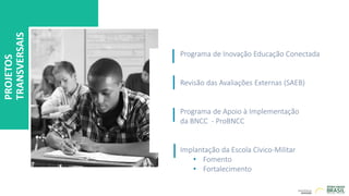 PROJETOS
TRANSVERSAIS
Programa de Inovação Educação Conectada
Revisão das Avaliações Externas (SAEB)
Programa de Apoio à Implementação
da BNCC - ProBNCC
Implantação da Escola Cívico-Militar
• Fomento
• Fortalecimento
 