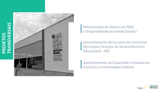 PROJETOS
TRANSVERSAIS
Reformulação do Sistema do PDDE
e Disponibilidade da Gestão Escolar)
Aproveitamento do Conceito de Consórcios
Municipais/ Arranjos de Desenvolvimento
Educacional - ADE
Aproveitamento da Capacidade Instalada dos
Institutos e Universidades Federais
 