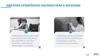 OBJETIVOS ESTRATÉGICOS VOLTADOS PARA A SOCIEDADE
Implementar políticas de Estado
para melhoria da qualidade da
Educação Básica, com foco
em acesso, permanência,
aprendizagem e equidade
Implementar política de Estado
para valorização e qualificação
dos docentes e demais
profissionais da educação
 