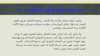 3 - ‫ف‬ْ‫ر‬ِّ‫ص‬‫ال‬ ‫التحليل‬ ‫مرحلة‬
‫الفهم‬ ‫بغرض‬ ‫التحليل‬ ‫وعملية‬ ،‫المعنى‬ ‫بناء‬ ‫وإعادة‬ ‫تفكيك‬ ‫عملية‬ ‫وتعتبر‬
،‫الممارسات‬ ‫تحليل‬ ‫إطار‬ ‫في‬ ‫المنجز‬
‫عرضانية‬ ‫مقاربة‬
‫اآلليات‬ ‫حول‬ ‫متمركزة‬
.‫نى‬i
‫ع‬‫والم‬ ‫الممارسات‬ ‫وراء‬ ‫الكامنة‬
‫يمكن‬ ‫وال‬
‫حال‬ ‫بأي‬
‫اعتبار‬
‫تهدف‬ ‫ال‬ ‫فهي‬ ‫للتقويم؛‬ ‫عملية‬ ‫التحليل‬ ‫عملية‬
‫فيما‬ ‫تربطها‬i
‫و‬ ‫المتداخلة‬ ‫العوامل‬ ‫تستخرج‬ ‫كانت‬ ْ‫ن‬‫وإ‬ ،‫قيمة‬ ‫أحكام‬ ‫إصدار‬ ‫إلى‬
‫بالنسبة‬ ‫اإلجراءات‬ ‫تحدثها‬ ‫التي‬ ‫الفوارق‬ ‫المقابل‬ ‫في‬ ‫تقيس‬ ‫ال‬ ‫فإنها‬ ،‫بينها‬
.‫معين‬ ‫يار‬i
‫ع‬‫لم‬
‫متبوعة‬ ‫تكون‬ ‫قد‬ ‫أولية‬ ‫مرحلة‬ ‫مجرد‬ ‫فهي‬
‫بعد‬ ‫فيما‬
‫بمرحلة‬
‫بحجج‬ ‫ومبرر‬ ‫محدد‬ ‫تكويني‬ ‫تقويم‬
 