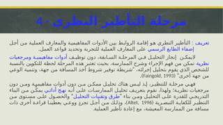 4 - ‫مرحلة‬
‫النظري‬ ‫التأطير‬
: ‫ف‬i‫ي‬‫تعر‬
‫ل‬i‫ج‬‫أ‬ ‫ن‬i‫م‬ ‫ة‬i‫ي‬‫العمل‬ ‫والمعارف‬ ‫ة‬i
‫ي‬‫المفاهيم‬ ‫األدوات‬ ‫ن‬i‫ي‬‫ب‬ ‫ط‬i‫ب‬‫الروا‬ ‫ة‬i‫م‬‫إقا‬ ‫و‬i‫ه‬ ‫النظري‬ ‫ر‬i‫ي‬‫التأط‬
‫الرسمي‬ ‫الطابع‬ ‫إضفاء‬
.‫العمل‬ ‫قواعد‬ ‫وتحديد‬ ‫للتجربة‬ ‫العملية‬ ‫المعارف‬ ‫على‬
‫ن‬i‫اليمك‬
‫ة‬i‫المرحل‬ ‫ي‬i‫ف‬ ‫ل‬i‫التحلي‬ ‫إنجاز‬
‫ابقة‬i‫الس‬
،
‫ف‬i‫توظي‬ ‫دون‬
‫ومرجعيات‬ ‫ة‬i‫مفاهيمي‬ ‫أدوات‬
‫ة‬i
‫ي‬‫نظر‬
‫بة‬i
‫س‬‫بالن‬ ‫ن‬i
‫ي‬‫للتكو‬ ‫ة‬i
‫ظ‬‫لح‬ ‫ة‬i
‫ل‬‫المرح‬ ‫هذه‬ ‫تعتبر‬ ‫بحيث‬ ،‫الممارسة‬ ‫وشرح‬ ‫اإلجراء‬ ‫م‬i
‫ه‬‫ف‬ ‫ن‬i
‫م‬ ‫تمكن‬
"
‫ة‬i
‫ه‬‫ج‬ ‫ن‬i
‫م‬ ‫افة‬i
‫س‬‫الم‬ ‫ذ‬i
‫خ‬‫أ‬ ‫شروط‬ ‫ر‬i
‫ي‬‫توف‬ ‫ة‬i
‫ط‬‫شري‬ ،‫ه‬i
‫ئ‬‫إجرا‬ ‫ل‬i
‫ي‬‫بتحل‬ ‫يقوم‬ ‫الذي‬ ‫ص‬i
‫خ‬‫للش‬
،
‫ي‬i
‫ع‬‫الو‬ ‫ة‬i
‫ي‬‫وتنم‬
( "‫أخرى‬ ‫جهة‬ ‫من‬
Faingold, 1993
.)
‫ة‬i‫مرحل‬ ‫ي‬i‫فه‬
‫ل‬
‫ر‬i‫لتنظي‬
‫ذ‬i‫إ‬ ،
‫دون‬ ‫ن‬i‫وم‬ ‫ة‬i‫مفاهيمي‬ ‫أدوات‬ ‫دون‬ ‫ن‬i‫م‬ ‫ن‬i‫ممك‬ ‫ل‬i‫تحلي‬ ‫هناك‬ ‫س‬i‫لي‬
‫ه‬i‫أن‬ ‫ى‬i‫عل‬ ‫ات‬i‫الممارس‬ ‫ل‬i‫تحلي‬ ‫ف‬i‫بتعري‬ ‫نقوم‬ ،‫ولهذا‬ ‫ة؛‬i‫نظري‬ ‫مرجعيات‬
‫ي‬i‫أدات‬ ‫ج‬i‫نه‬
‫البناء‬ ‫ن‬i‫م‬ ‫ن‬iِّ‫يمك‬
" ‫بناء‬ ‫ن‬i‫وم‬ ‫ل‬i‫التحلي‬ ‫ى‬i‫عل‬ ‫للقدرة‬ ‫ي‬i‫التدريج‬
‫ل‬i‫التحلي‬ ‫وتقنيات‬ ‫طرق‬
"
‫ن‬i‫م‬ ‫توى‬i‫مس‬ ‫ى‬i‫عل‬ ‫ول‬i‫والحص‬
( ‫رية‬i‫التبص‬ ‫ة‬i‫للكفاي‬ ‫ر‬i‫التنظي‬
Altet, 1996
)
‫ذات‬ ‫أخرى‬ ‫ة‬i‫قراء‬ ‫ا‬i‫يعطين‬ ‫ي‬i‫ووع‬ ٍ‫د‬‫تجر‬ ‫ل‬i‫أج‬ ‫ن‬i‫م‬ ‫ك‬i‫وذل‬ ،
‫العملية‬ ‫تأطير‬ ‫إعادة‬ ‫مع‬ ،‫المعيشة‬ ‫الممارسة‬ ‫من‬ ‫مسافة‬
.
 