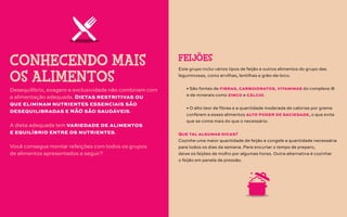 Desequilíbrio, exagero e exclusividade não combinam com
a alimentação adequada. Dietas restritivas ou
que eliminam nutrientes essenciais são
desequilibradas e NÃO são saudáveis.
A dieta adequada tem variedade de alimentos
e equilíbrio entre os nutrientes.
Você consegue montar refeições com todos os grupos
de alimentos apresentados a seguir?
CONHECENDO MAIS
OS ALIMENTOS
Este grupo inclui vários tipos de feijão e outros alimentos do grupo das
leguminosas, como ervilhas, lentilhas e grão-de-bico.
• São fontes de fibras, carboidratos, vitaminas do complexo B
e de minerais como zinco e cálcio.
• O alto teor de fibras e a quantidade moderada de calorias por grama
conferem a esses alimentos alto poder de saciedade, o que evita
que se coma mais do que o necessário.
Que tal algumas dicas?
Cozinhe uma maior quantidade de feijão e congele a quantidade necessária
para todos os dias da semana. Para encurtar o tempo de preparo,
deixe os feijões de molho por algumas horas. Outra alternativa é cozinhar
o feijão em panela de pressão.
FEIJÕES
 
