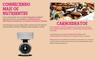 São a principal fonte de energia para o organismo e essenciais
para o sistema nervoso central, as hemácias, a medula renal
e a retina.
Fundamentais para a prática de exercícios físicos e para
a manutenção da glicemia (concentração de açúcar no sangue).
Estão presentes principalmente em alimentos como pães, arroz, macarrão
e massas, milho, mandioca, batata-doce, inhame, batata-inglesa, ervilha,
feijão, lentilha e grão-de-bico.
Como você já sabe, ter uma dieta adequada e saudável
significa consumir, com equilíbrio, carboidratos,
proteínas, gorduras, vitaminas, minerais e fibras.
Conhecendo um pouco sobre cada nutriente você vai melhorar
suas escolhas e vai fazer refeições mais saudáveis, confira!
CONHECENDO
MAIS OS
NUTRIENTES
CARBOIDRATOS
 