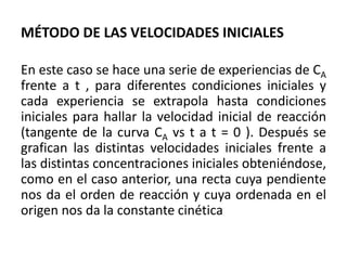 MÉTODO DE LAS VELOCIDADES INICIALES
En este caso se hace una serie de experiencias de CA
frente a t , para diferentes condiciones iniciales y
cada experiencia se extrapola hasta condiciones
iniciales para hallar la velocidad inicial de reacción
(tangente de la curva CA vs t a t = 0 ). Después se
grafican las distintas velocidades iniciales frente a
las distintas concentraciones iniciales obteniéndose,
como en el caso anterior, una recta cuya pendiente
nos da el orden de reacción y cuya ordenada en el
origen nos da la constante cinética
 