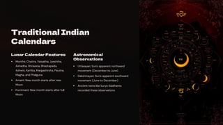 Traditional Indian
Calendars
Lunar Calendar Features
Months: Chaitra, Vaisakha, Jyeshtha,
Ashadha, Shravana, Bhadrapada,
Ashwin, Kartika, Margashirsha, Pausha,
Magha, and Phalguna
Amant: New month starts after new
Moon
Purnimant: New month starts after full
Moon
Astronomical
Observations
Uttarayan: Sun's apparent northward
movement (December to June)
Dakshinayan: Sun's apparent southward
movement (June to December)
Ancient texts like Surya Siddhanta
recorded these observations
 
