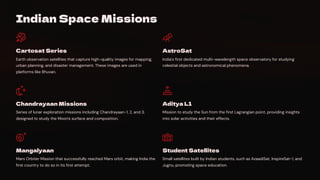 Indian Space Missions
Cartosat Series
Earth observation satellites that capture high-quality images for mapping,
urban planning, and disaster management. These images are used in
platforms like Bhuvan.
AstroSat
India's first dedicated multi-wavelength space observatory for studying
celestial objects and astronomical phenomena.
Chandrayaan Missions
Series of lunar exploration missions including Chandrayaan-1, 2, and 3,
designed to study the Moon's surface and composition.
Aditya L1
Mission to study the Sun from the first Lagrangian point, providing insights
into solar activities and their effects.
Mangalyaan
Mars Orbiter Mission that successfully reached Mars orbit, making India the
first country to do so in its first attempt.
Student Satellites
Small satellites built by Indian students, such as AzaadiSat, InspireSat-1, and
Jugnu, promoting space education.
 