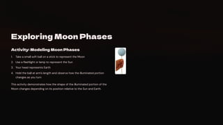 Exploring Moon Phases
Activity: Modeling Moon Phases
Take a small soft ball on a stick to represent the Moon
1.
Use a flashlight or lamp to represent the Sun
2.
Your head represents Earth
3.
Hold the ball at arm's length and observe how the illuminated portion
changes as you turn
4.
This activity demonstrates how the shape of the illuminated portion of the
Moon changes depending on its position relative to the Sun and Earth.
 