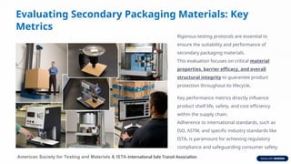 Evaluating Secondary Packaging Materials: Key
Metrics
Rigorous testing protocols are essential to
ensure the suitability and performance of
secondary packaging materials.
This evaluation focuses on critical material
properties, barrier efficacy, and overall
structural integrity to guarantee product
protection throughout its lifecycle.
Key performance metrics directly influence
product shelf life, safety, and cost efficiency
within the supply chain.
Adherence to international standards, such as
ISO, ASTM, and specific industry standards like
ISTA, is paramount for achieving regulatory
compliance and safeguarding consumer safety.
American Society for Testing and Materials & ISTA-International Safe Transit Association
 