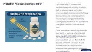 Protection Against Light Degradation Light, especially UV radiation, can
significantly degrade sensitive products
such as vitamins, dairy, and certain
pharmaceuticals, leading to loss of efficacy,
discolouration, and nutrient depletion.
Secondary packaging combats this by
utilising opaque materials like paperboard,
corrugated cardboard, and metallised
films.
These materials are specifically chosen for
their ability to block harmful UV-A (320-
400nm) and UV-B (290-320nm) radiation.
For instance, light-sensitive
pharmaceuticals can see their shelf life
doubled, while milk can retain its vital
nutrients and natural colour when
protected from light exposure, preventing
photodegradation.
 