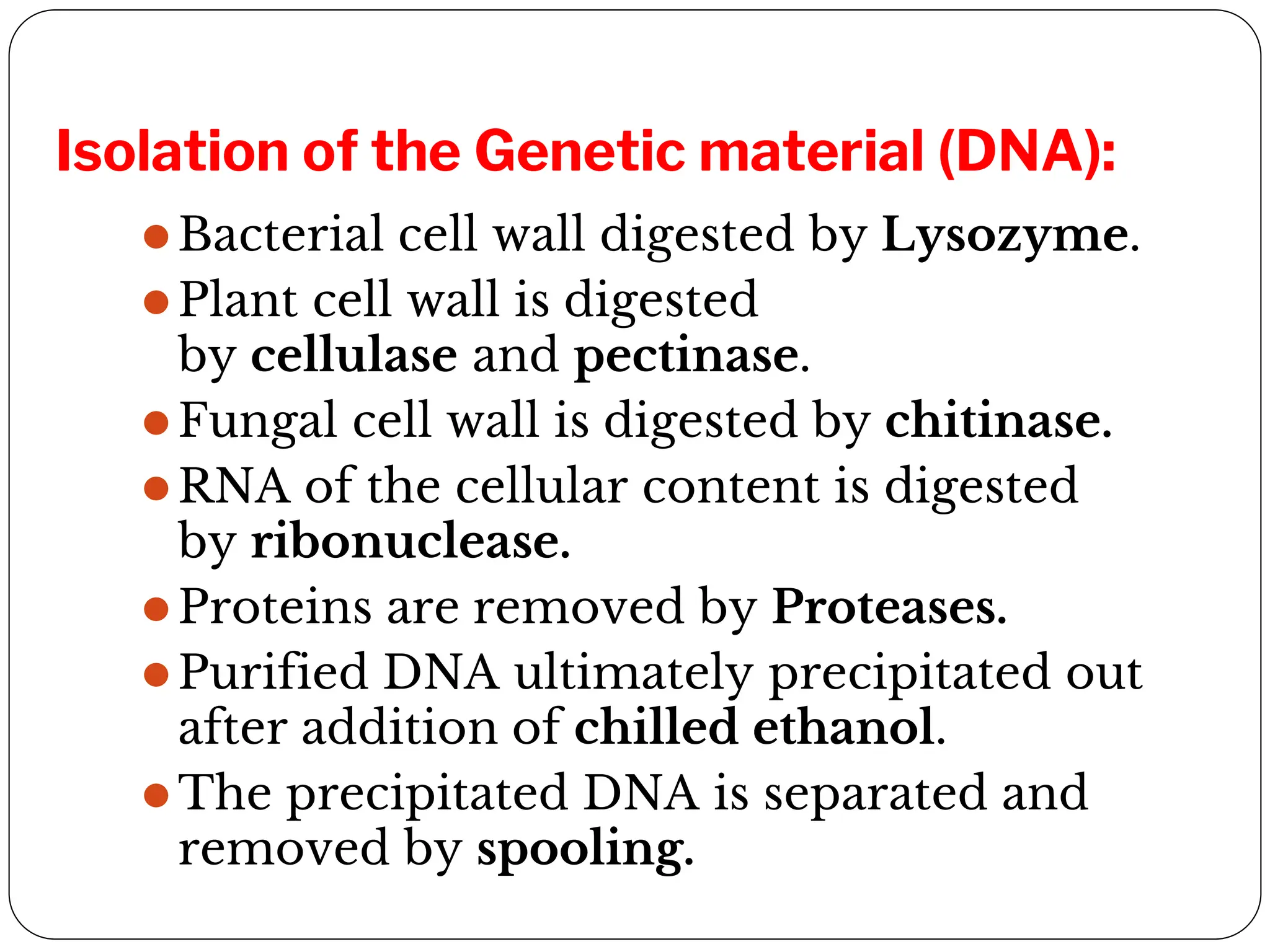 Isolation of the Genetic material (DNA):
⚫Bacterial cell wall digested by Lysozyme.
⚫Plant cell wall is digested
by cellulase and pectinase.
⚫Fungal cell wall is digested by chitinase.
⚫RNA of the cellular content is digested
by ribonuclease.
⚫Proteins are removed by Proteases.
⚫Purified DNA ultimately precipitated out
after addition of chilled ethanol.
⚫The precipitated DNA is separated and
removed by spooling.
 