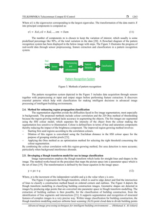TELKOMNIKA Telecommun Comput El Control 
Advanced image processing techniques for intelligent building environments … (Mohanad A. Al-Askari)
1263
Where 𝑎1 is the eigenvector corresponding to the largest eigenvalue. The transformation of the data matrix 𝑋
into principal components is computed as:
𝑣1 = 𝑋𝑎1, 𝑣2 = 𝑋𝑎2, … , 𝑣𝑚 = 𝑋𝑎𝑚 (11)
The number of components m is chosen to keep the variation of interest, which usually is some
predefined percentage like 90%, of the total variation in the data [20]. A flowchart diagram of the pattern
recognition system has been displayed in the below image with steps. The Figure 3 illustrates the progress of
real-world data through sensor preprocessing, feature extraction and classification in a pattern recognition
system.
Figure 3. Methods of pattern recognition
The pattern recognition system depicted in the Figure 3 includes data acquisition through sensors
together with preprocessing at input and output stages before performing feature extraction. It discovers
essential patterns which help with classification for making intelligent decisions in advanced image
processing of intelligent building environments.
2.4. Method for enhancing region propagation classification
The segmentation algorithm avoids the difficulties faced in fire image segmentation, most especially
in backgrounds. The proposed methods include colour correlation and the 2D Otsu method of thresholding
because the region-growing method lacks accuracy in segmenting the objects. The fire images are segmented
using the HSI colour model, which separates the intensity of the object from the colour making the
segmentation less sensitive to illumination. Colour is defined here in terms of hue and saturation components
thereby reducing the impact of the brightness component. The improved region-growing method involves:
− Starting first seed regions according to the correlation colours.
− Dilation of this region is convoluted using the Euclidean distance in the HSI colour space for the
purpose of grouping similar pixels [21].
− Applying the Otsu method as an optimization method for selecting the right threshold concerning the
colour segmentation.
By combining the colour correlation with this region-growing method, fire area detection is more accurate;
particularly when background interference abounds.
2.5. Developing a Hough transform model for use in image classification
Image representation employs the Hough transform which looks for straight lines and shapes in the
image. The method works based on the procedure that maps the picture space into a parameter space which is
the set of lines [19]. The transformation is defined by the linear equation in the image space:
𝑦 = 𝑝𝑥 + 𝑞 (12)
Where, 𝑝 is the increment of the independent variable and q is the value when y is zero.
The Figure 4 represents the Hough transform, which is used to edge detect and find the intersection
of lines to classify a construction method based on ordered corners and outlines. The Figure 4 depicts the
Hough transform modelling in classifying building construction images. Geometric shapes are detected in
images by producing edge points that are converted into parameter space in Hough transform modelling. The
extraction of building outlines is then possible, for the classification of building construction, from the
identification of line segments and intersections [21]. It supports segmentation and recognition of structural
features of complex images in a very precise way. Within image classification for building construction, the
Hough transform modelling analyses airborne laser scanning (ALS) point cloud data to divide building points
 