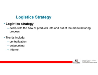 Logistics Strategy
• Logistics strategy
– deals with the flow of products into and out of the manufacturing
process
• Trends include:
– centralization
– outsourcing
– Internet
 