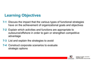 Learning Objectives
7-1 Discuss the impact that the various types of functional strategies
have on the achievement of organizational goals and objectives
7-2 Explain which activities and functions are appropriate to
outsource/offshore in order to gain or strengthen competitive
advantage
7-3 List and explain the strategies to avoid
7-4 Construct corporate scenarios to evaluate
strategic options
 