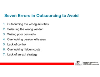 Seven Errors in Outsourcing to Avoid
1. Outsourcing the wrong activities
2. Selecting the wrong vendor
3. Writing poor contracts
4. Overlooking personnel issues
5. Lack of control
6. Overlooking hidden costs
7. Lack of an exit strategy
 