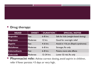  Drug therapy:
 Pharmacist role: Advise correct dosing, avoid aspirin in children,
refer if fever persists >3 days or very high.
NSAID ONSET DURATION SPECIAL NOTES
Ibuprofen Fast 6–8 hrs Safe for kids (weight based dosing)
‑
Naproxen Moderate 12 hrs Good for overnight relief
Aspirin Fast 4–6 hrs Avoid in <16 yrs (Reye’s syndrome)
Diclofenac Moderate 6–8 hrs Stronger, Rx only
Indomethacin Fast 6–8 hrs Potent, more side effects
Celecoxib Moderate 12–24 hrs Lower GI risk, Rx only
 