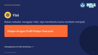 KU R I KU LU M ME R D E K A
Visi
Bukan sekadar mengejar nilai, tapi membantu kamu tumbuh menjadi:
Pelajar dengan Profil Pelajar Pancasila
Selengkapnya di slide berikutnya →
MPLS RAMAH 2026/2027 10
 