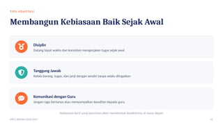 TI PS ADAP TA SI
Membangun Kebiasaan Baik Sejak Awal
Disiplin
Datang tepat waktu dan konsisten mengerjakan tugas sejak awal
Tanggung Jawab
Kelola barang, tugas, dan janji dengan sendiri tanpa selalu diingatkan
Komunikasi dengan Guru
Jangan ragu bertanya atau menyampaikan kesulitan kepada guru
Kebiasaan kecil yang konsisten akan membentuk karaktermu di masa depan
MPLS RAMAH 2026/2027 22
 