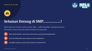 TR ANS I SI SD K E S MP
Selamat Datang di SMP………………!
Wajar kalau hari ini kamu merasa campur aduk — sedikit deg-degan, tapi juga penasaran
dan excited. Semua siswa baru pasti merasakan hal yang sama!
Kamu tidak sendirian, ada ratusan teman baru yang siap berjuang bersama
Guru dan kakak kelas siap membantu proses adaptasimu
Ini adalah awal baru untuk tumbuh jadi versi terbaik dirimu
MPLS RAMAH 2026/2027 05
 