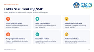 TR ANS I SI SD K E S MP
Fakta Seru Tentang SMP
Selain tantangan baru, ada banyak hal seru yang bisa kamu nikmati!
Teman Baru Lebih Banyak
Kesempatan berkenalan dengan ratusan
teman dari berbagai SD
Ekskul Makin Beragam
Puluhan pilihan ekstrakurikuler sesuai
minat & bakatmu
Belajar Lewat Proyek Nyata
Ada kegiatan P5 yang seru dan langsung
terjun ke lapangan
Ruang Unjuk Bakat Lebih Luas
Panggung untuk OSIS, lomba, dan pentas
seni sekolah
Belajar Lebih Modern
Kenalan dengan mapel Informatika dan
teknologi terbaru
Prestasi Makin Terbuka
Lebih banyak kompetisi akademik & non-
akademik untuk diikuti
MPLS RAMAH 2026/2027 07
 