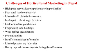 Challenges of Horticultural Marketing in Nepal
• High post-harvest losses (particularly in perishables)
• Poor rural road connectivity
• Limited cold chain infrastructure
• Inadequate cold storage facilities
• Lack of modern packhouses
• Fragmented land holdings
• Weak farmer organizations
• Price instability
• Insufficient market information
• Limited processing industries
• Heavy dependence on imports during the off-season
 