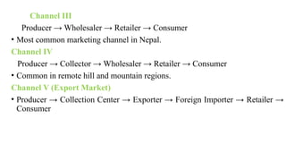 Channel III
Producer → Wholesaler → Retailer → Consumer
• Most common marketing channel in Nepal.
Channel IV
Producer → Collector → Wholesaler → Retailer → Consumer
• Common in remote hill and mountain regions.
Channel V (Export Market)
• Producer → Collection Center → Exporter → Foreign Importer → Retailer →
Consumer
 