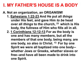 I. MY FATHER'S HOUSE IS A BODY
A. Not an organization, an ORGANISM!
1. Ephesians 1:22-23 And He put all things
under His feet, and gave Him to be head
over all things to the church, 23 which is His
body, the fullness of Him who fills all in all.
2. 1 Corinthians 12:12-13 For as the body is
one and has many members, but all the
members of that one body, being many, are
one body, so also is Christ. 13 For by one
Spirit we were all baptized into one body--
whether Jews or Greeks, whether slaves or
free--and have all been made to drink into
one Spirit.
 