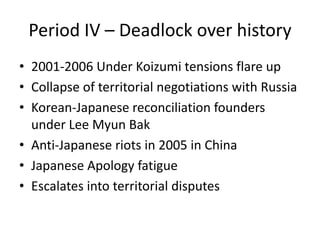 Period IV – Deadlock over history
• 2001-2006 Under Koizumi tensions flare up
• Collapse of territorial negotiations with Russia
• Korean-Japanese reconciliation founders
  under Lee Myun Bak
• Anti-Japanese riots in 2005 in China
• Japanese Apology fatigue
• Escalates into territorial disputes
 