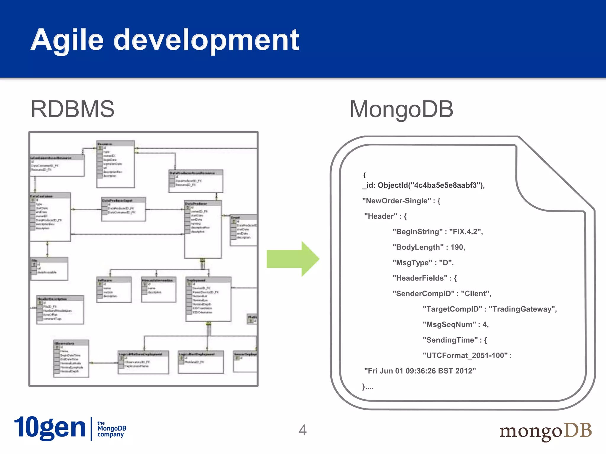 Agile development

RDBMS               MongoDB

                    {
                    _id: ObjectId("4c4ba5e5e8aabf3"),

                    "NewOrder-Single" : {

                    "Header" : {

                            "BeginString" : "FIX.4.2",

                            "BodyLength" : 190,

                            "MsgType" : "D",

                            "HeaderFields" : {

                            "SenderCompID" : "Client",

                                    "TargetCompID" : "TradingGateway",

                                    "MsgSeqNum" : 4,

                                    "SendingTime" : {

                                    "UTCFormat_2051-100" :

                    "Fri Jun 01 09:36:26 BST 2012”

                    }....




                4
 