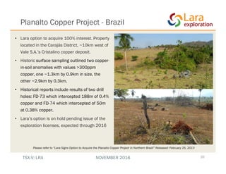 Planalto Copper Project - Brazil
20
• Lara option to acquire 100% interest. Property
located in the Carajás District, ~10km west of
Vale S.A.’s Cristalino copper deposit.
• Historic surface sampling outlined two copper-
in-soil anomalies with values >300ppm
copper, one ~1.3km by 0.9km in size, the
other ~2.9km by 0.3km.
• Historical reports include results of two drill
holes: FD-73 which intercepted 188m of 0.4%
copper and FD-74 which intercepted of 50m
at 0.38% copper.
• Lara’s option is on hold pending issue of the
exploration licenses, expected through 2016
Please refer to “Lara Signs Option to Acquire the Planalto Copper Project in Northern Brazil” Released: February 25, 2013
TSX-V: LRA NOVEMBER 2016
 